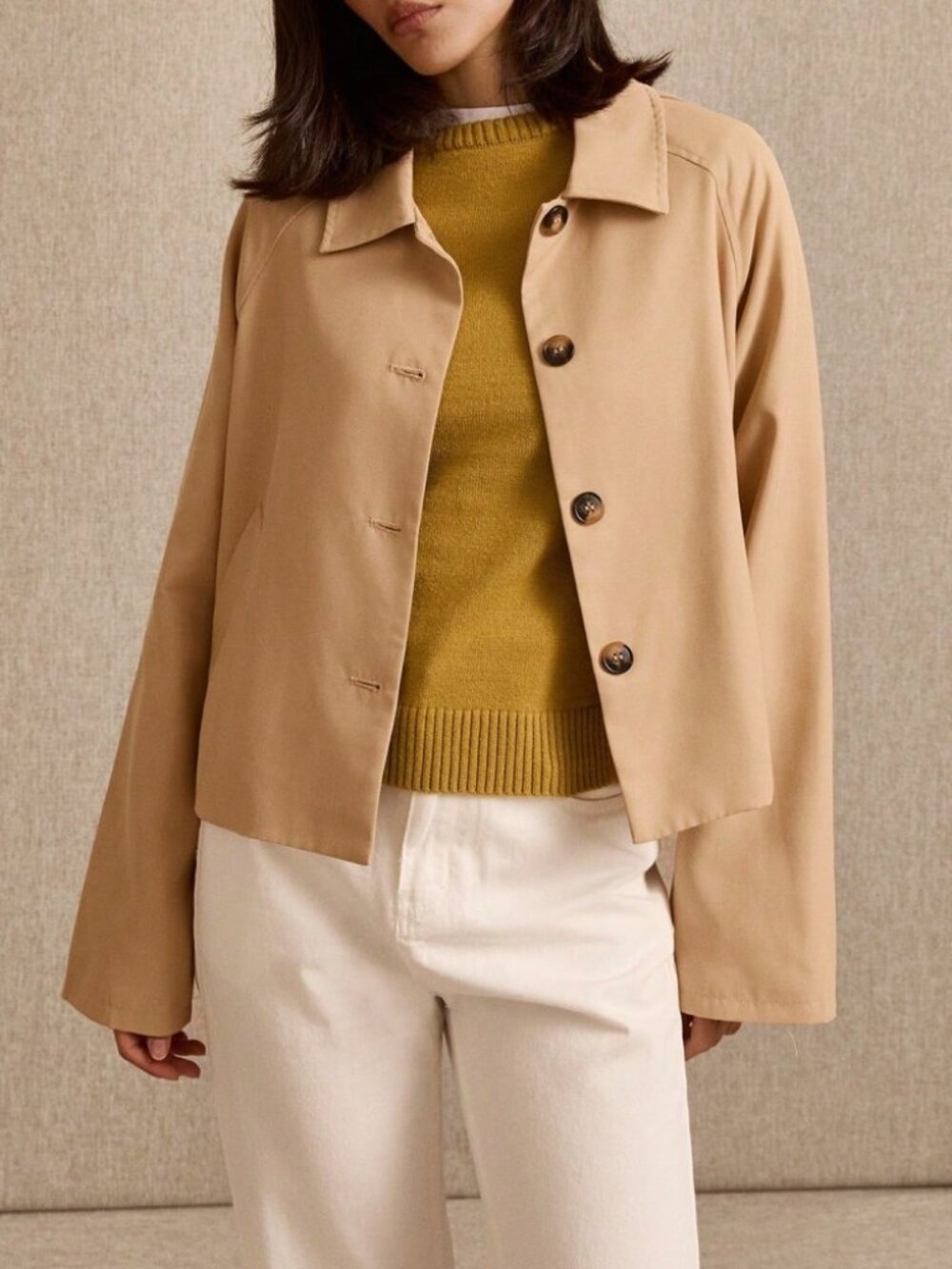 Tan Woven Collared Button Front Cropped Trench Coat Jacket